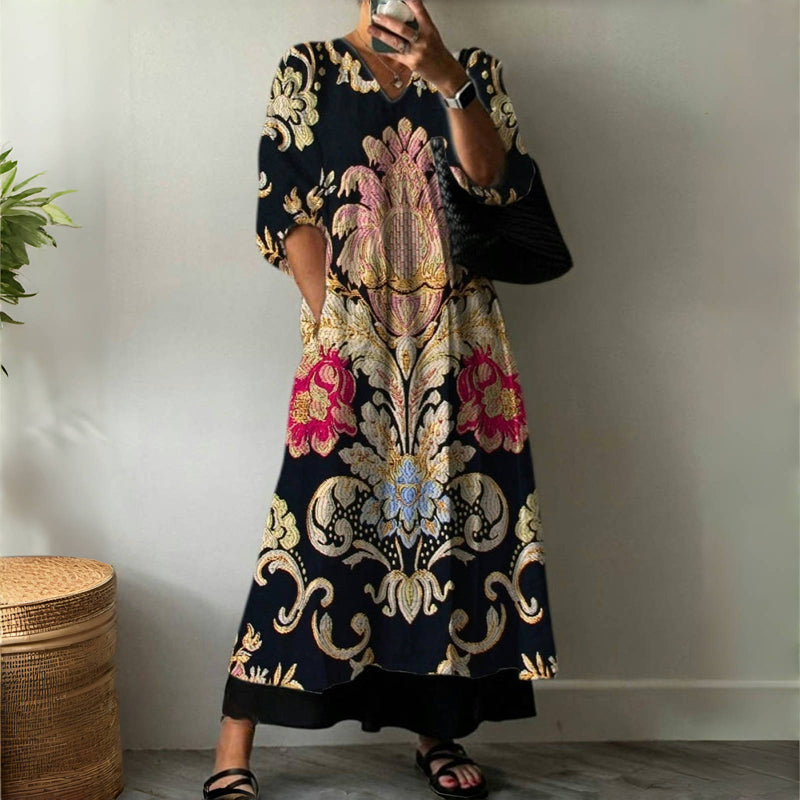 Lange Mouwen Vintage Etnische Print Jurk