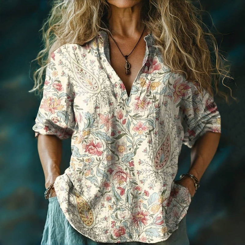 【Long Sleeve】Vintage Floral Print Blouse