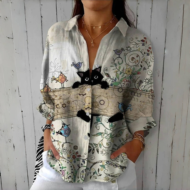 Vintage Creatieve Kattenprint Blouse