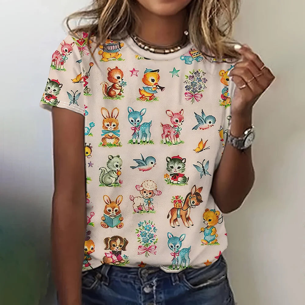 Cartoon Grafische Dames T-shirts Causale Top Met Korte Mouwen Womenimitation Katoen Tees Oversized Vrouwelijke Kleding Dames Zomer Tees