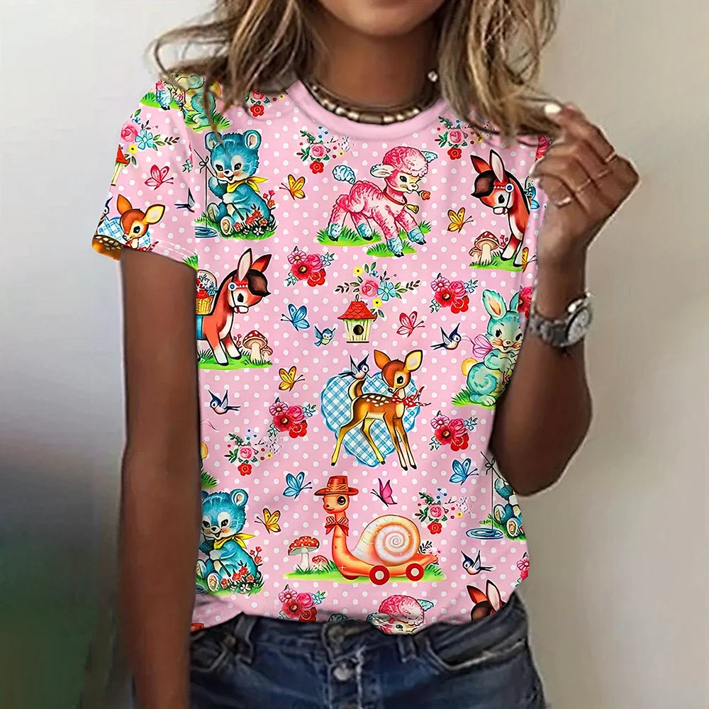 Cartoon Grafische Dames T-shirts Causale Top Met Korte Mouwen Womenimitation Katoen Tees Oversized Vrouwelijke Kleding Dames Zomer Tees